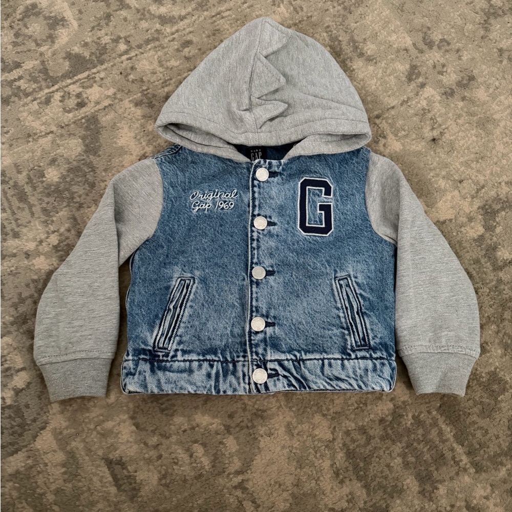 GAP Two-Tone Denim-Look Hooded Jacket in Blue and Gray